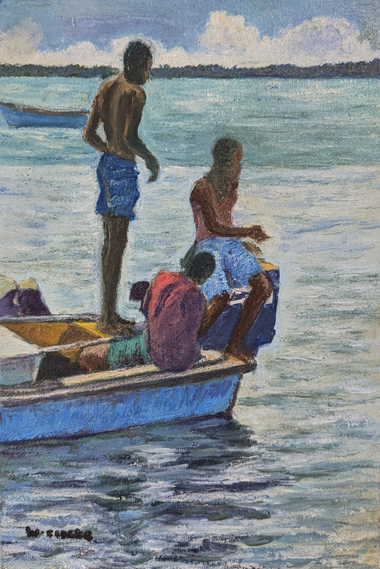 painting of 3 boys on a boat