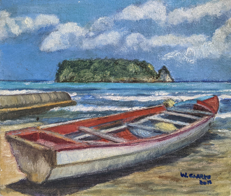 painting of a boat on a beach